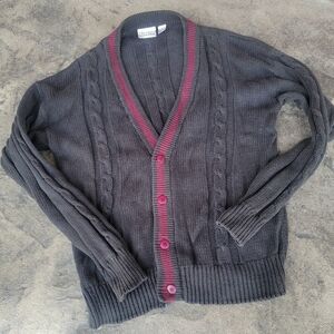 Vintage J. Riggings Natural Fiber Large Preppy Cable-Knit Gray & Maroon Cardigan